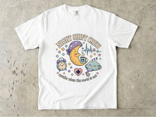 Night Shift Crew T-Shirt — Cute Moon & Clouds Design (Healthcare/Nurse Gifts)
