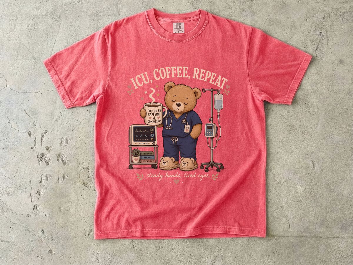 Nurse Bear T-Shirt — 'ICU, Coffee, Repeat' Cute Medical Teddy Tee