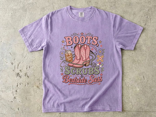 Nurse T-Shirt — "Boots Scrubs Bedside Sass" Western Nursing Tee