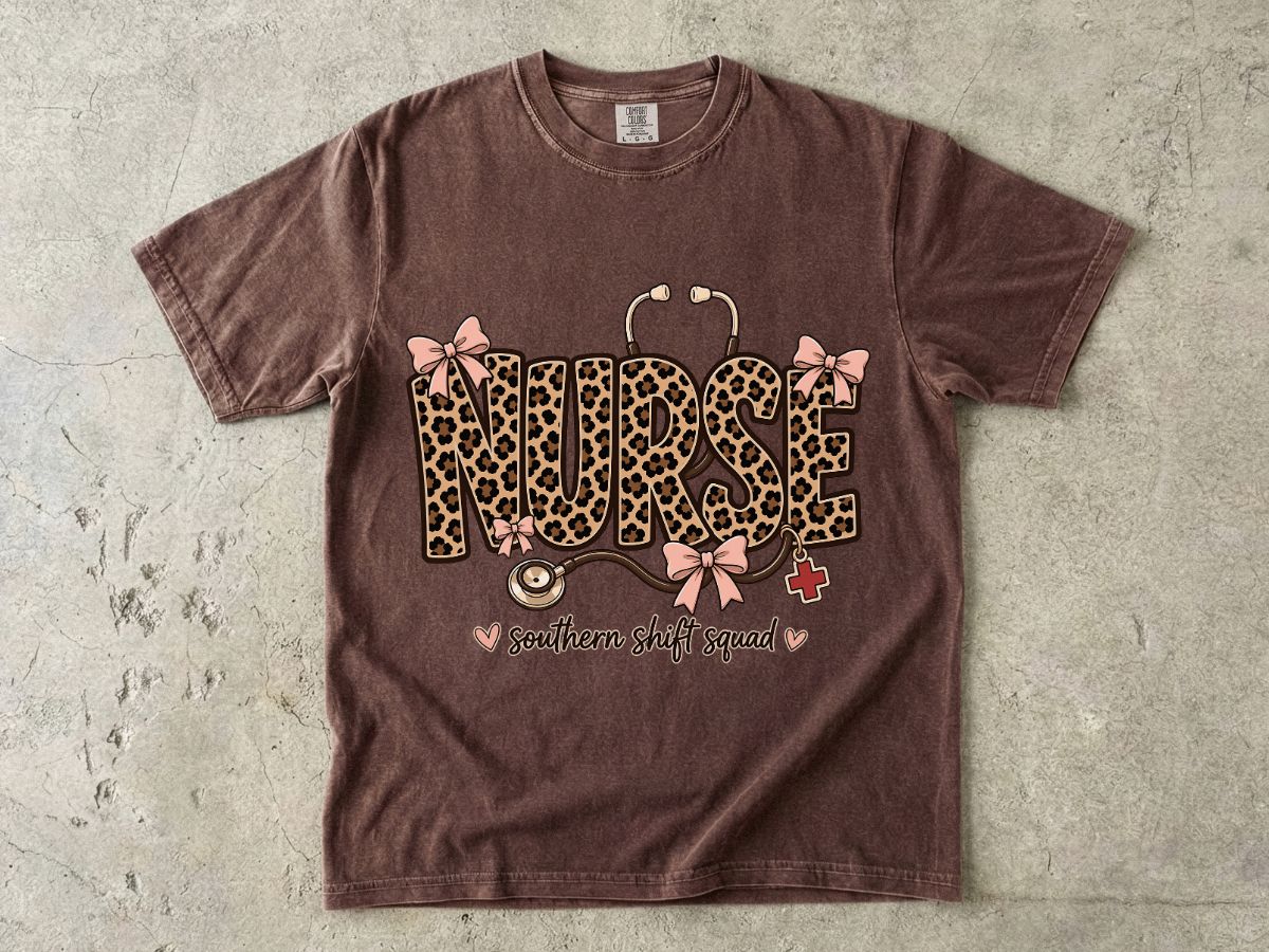 Southern Shift Squad Nurse Shirt | Leopard Print Comfort Colors Tee for Nurses