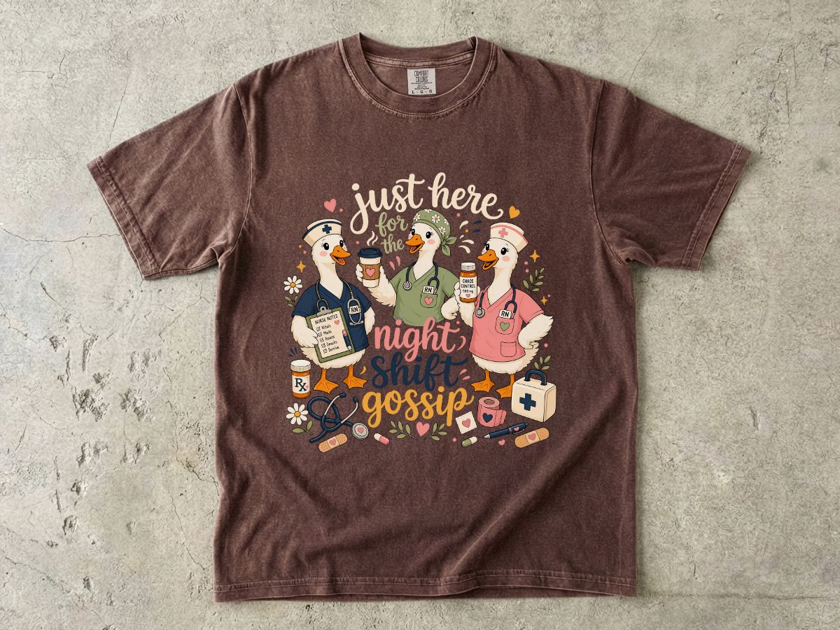 Night Shift Gossip T-Shirt — Cute Nurses & Coffee Graphic Tee