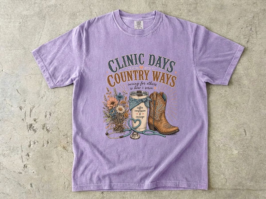 Clinic Days Country Ways Graphic Tee — Western Cowboy Boots & Floral Stethoscope Shirt