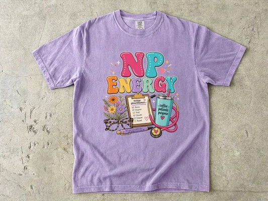 NP Energy Nurse Practitioner T‑Shirt — Cute Stethoscope, Planner & Coffee Graphic