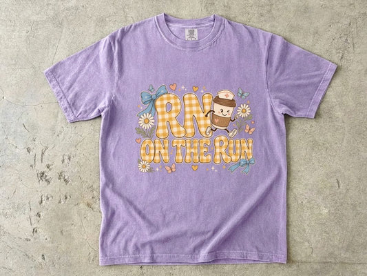 RN On The Run Cute Nurse Coffee Tee — "RN On The Run" Graphic T-Shirt for Nurses