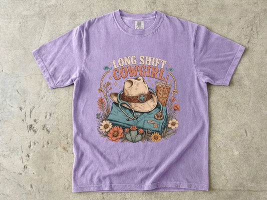 Long Sweet Cowgirl T-Shirt — Vintage Western Hat, Boots & Wildflowers Graphic Tee
