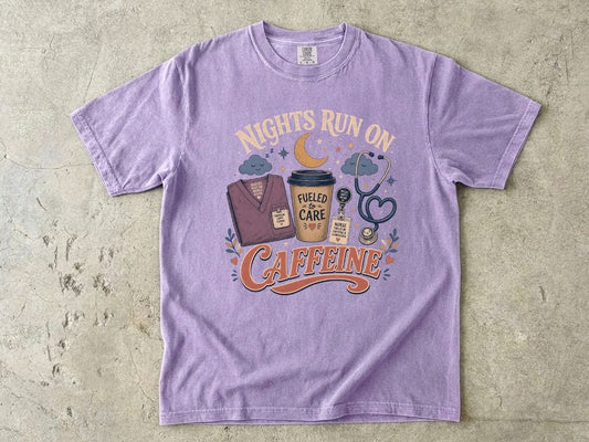 Caffeine T-Shirt — "Nights Run On Caffeine" Graphic Tee for Night Owls & Coffee Lovers