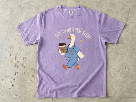 Nurse Goose Coffee T-Shirt — 'On My Way to Save' Cute Medical Scrubs Tee