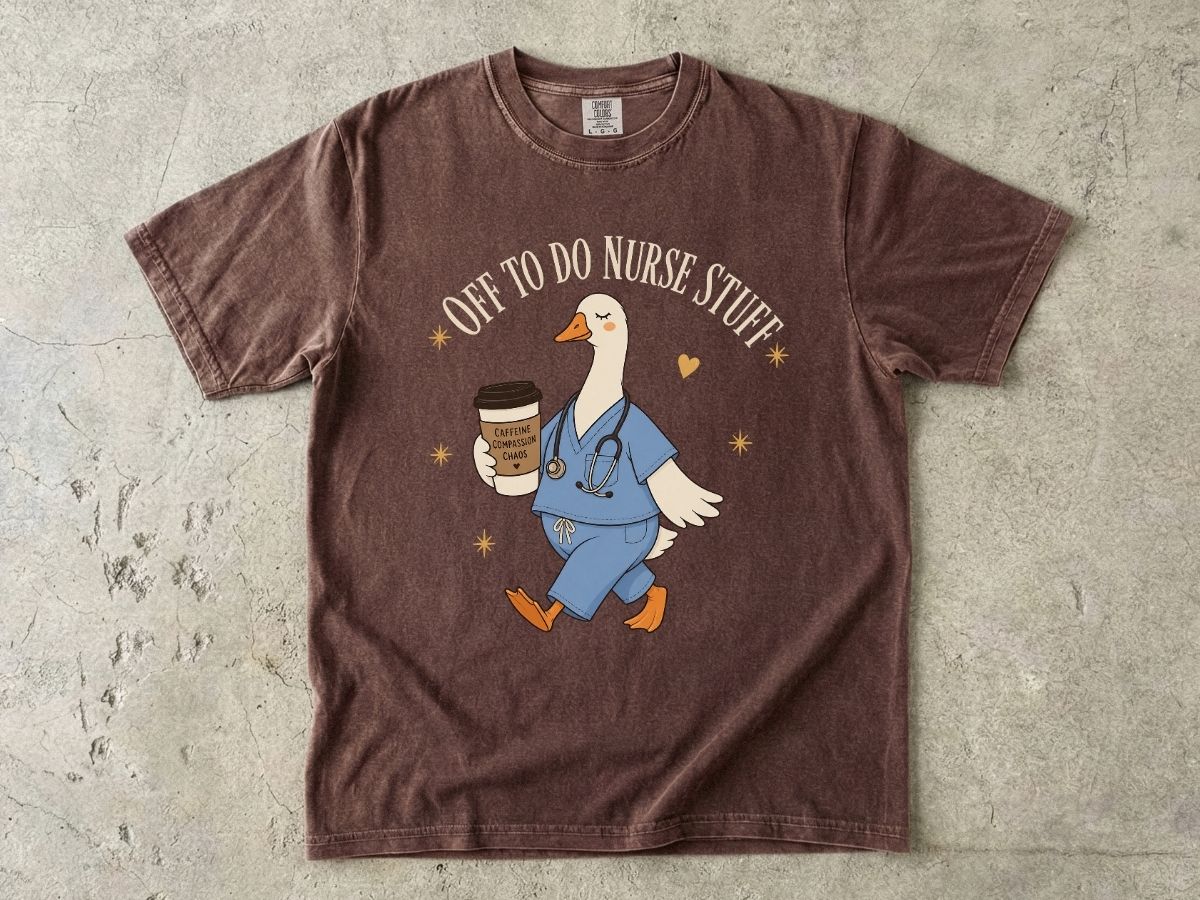 Nurse Goose Coffee T-Shirt — 'On My Way to Save' Cute Medical Scrubs Tee