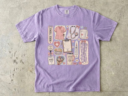 Nurse Things Graphic T-Shirt — Cute Medical Sticker Collage Tee