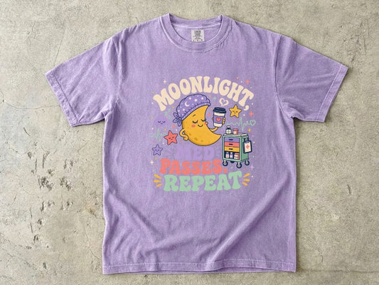 T-Shirt — "Moonlight Med Passes Repeat" Cute Nightshift Nurse Tee
