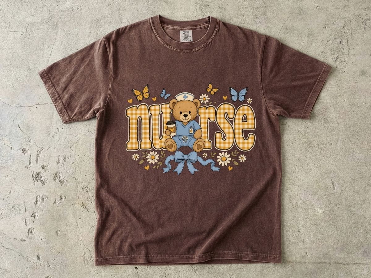 Nurse Teddy Bear T‑Shirt — Cute Nursing Gift with Plaid Lettering & Butterflies