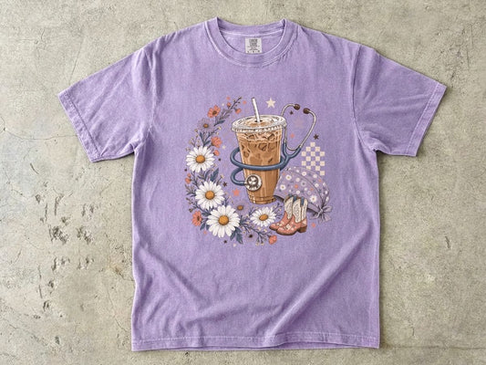 Iced Coffee & Flowers T-Shirt — Boho Cafe Aesthetic Tee