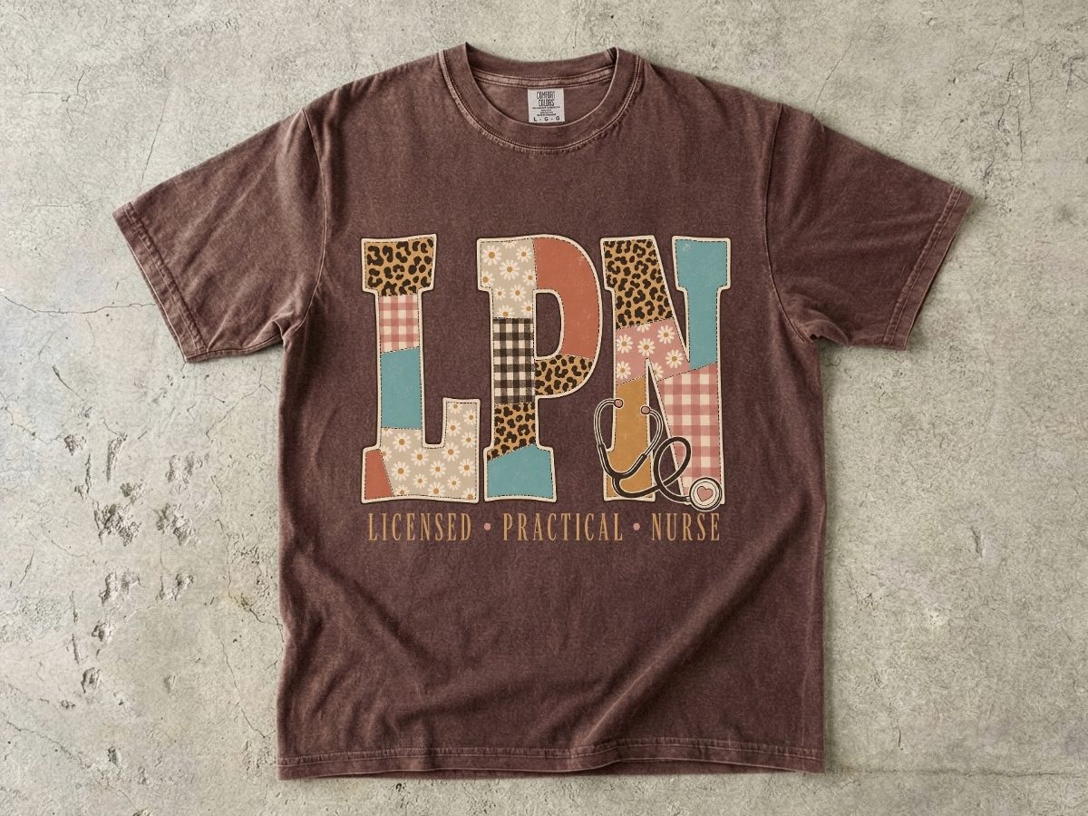LPN Patchwork Graphic T-Shirt — Licensed Practical Nurse Tee with Stethoscope