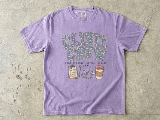 Clinic Crew T-Shirt — Medical Team Tee with Stethoscope, Clipboard & Coffee Design