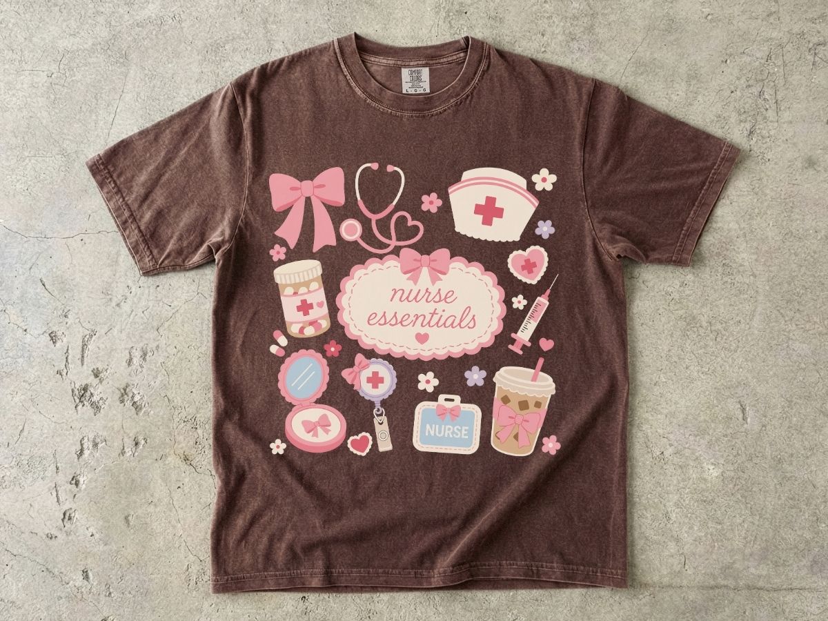 Nurse Essentials T-Shirt — Cute Pink Medical Icons Tee for Nurses