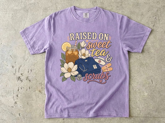 Raised on Sweet Tea & Scrubs T-Shirt — Nurse/Healthcare Retro Graphic Tee