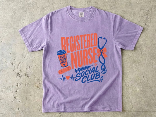 Registered Nurse Social Club T-Shirt — Nurse Stethoscope, Coffee & Bandage Graphic Tee