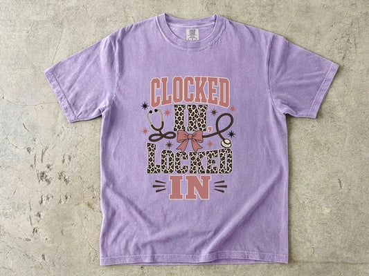 Clocked In, Locked In Nurse T-Shirt — Leopard Stethoscope Design