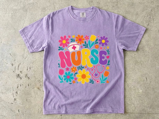 Rainbow Floral Nurse Shirt | Nurse Cap Bubble Letter Gift