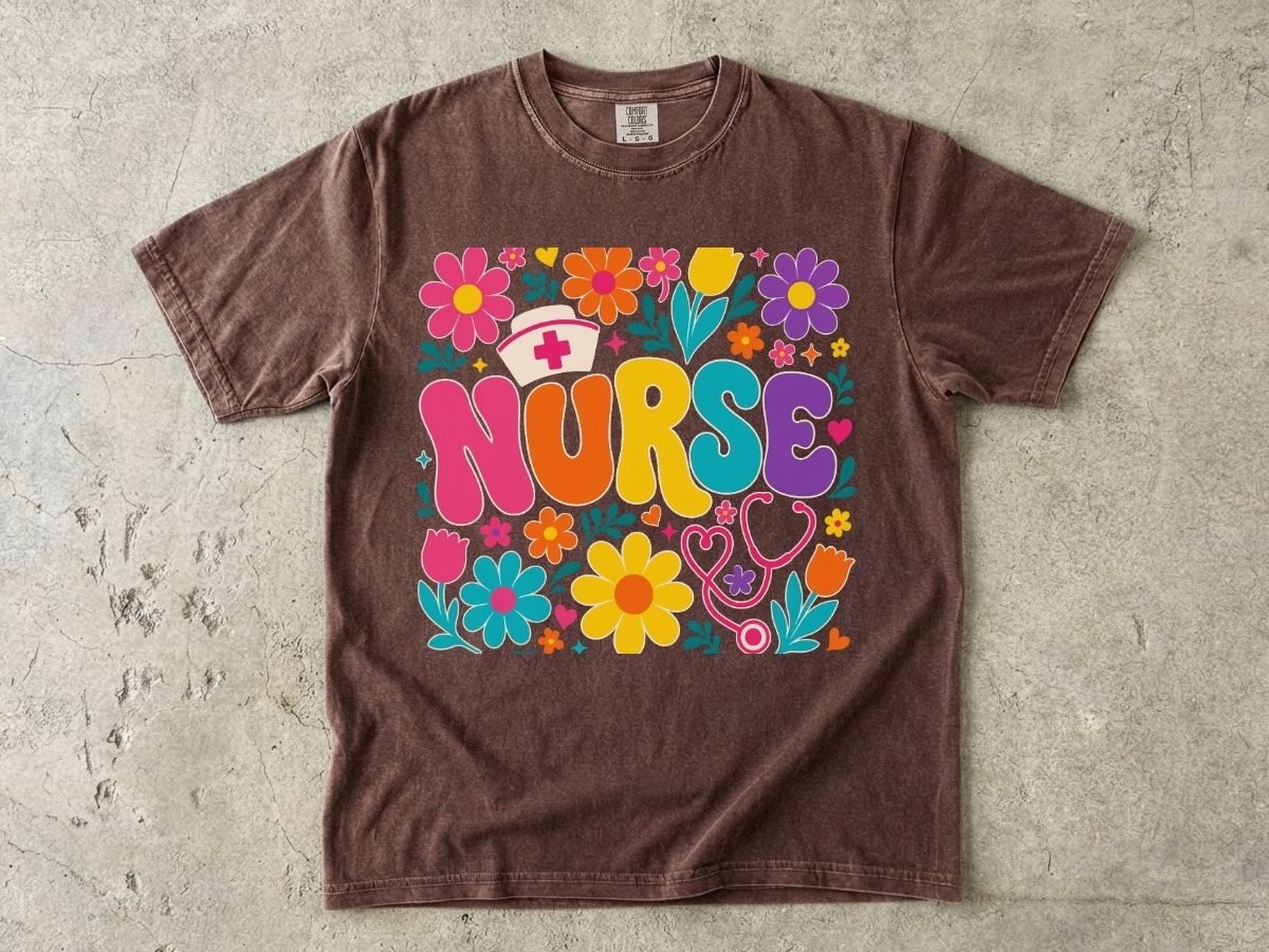 Rainbow Floral Nurse Shirt | Nurse Cap Bubble Letter Gift