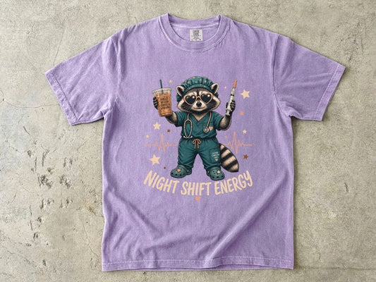 Night Shift Energy T-Shirt — Cute Raccoon Nurse Scrubs Coffee Tee