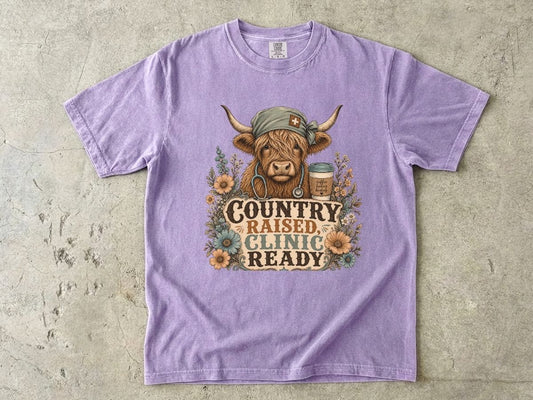 Country Raised, Clinic Ready T-Shirt — Rustic Cow Nurse Graphic Tee