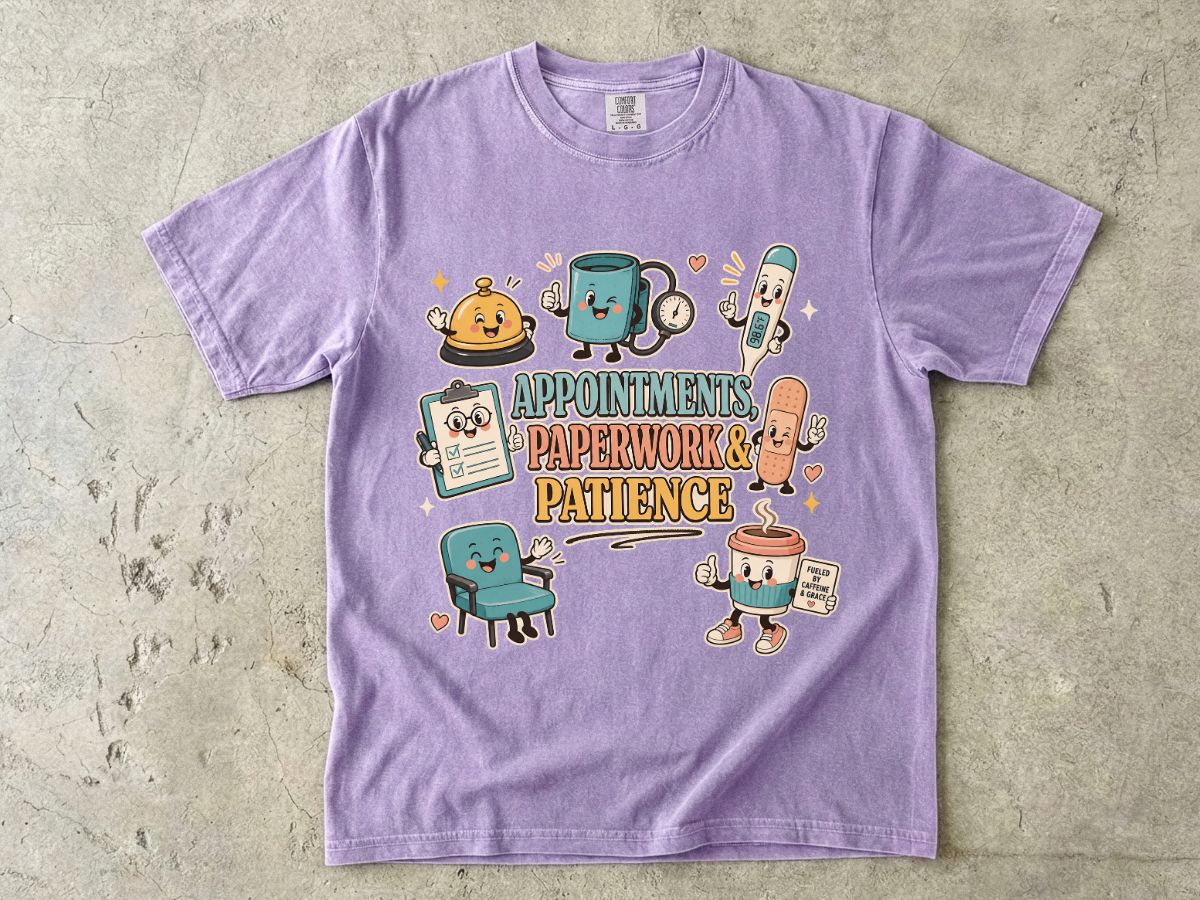 Appointments, Paperwork & Patience T-Shirt — Cute Desk Supplies Graphic Tee