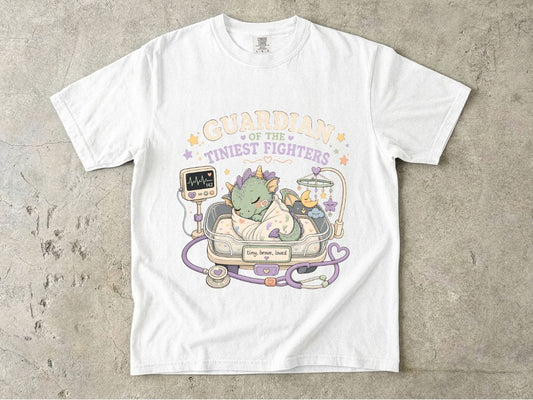 Guardian of the Tiniest Fighters T-Shirt — Cute Nurse Baby Dragon Pediatric Support Tee