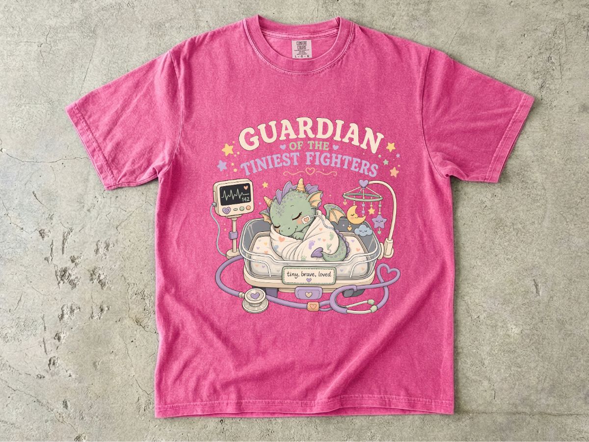 Guardian of the Tiniest Fighters T-Shirt — Cute Nurse Baby Dragon Pediatric Support Tee