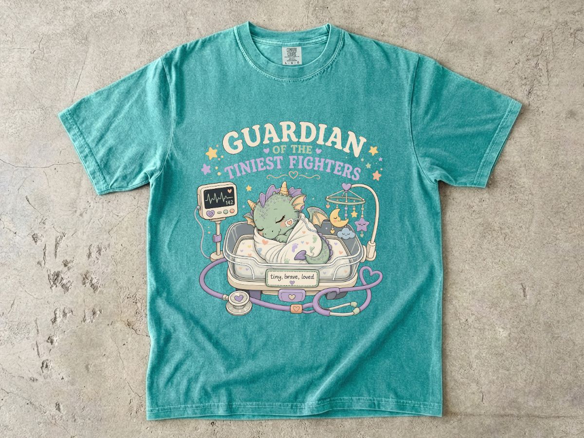 Guardian of the Tiniest Fighters T-Shirt — Cute Nurse Baby Dragon Pediatric Support Tee