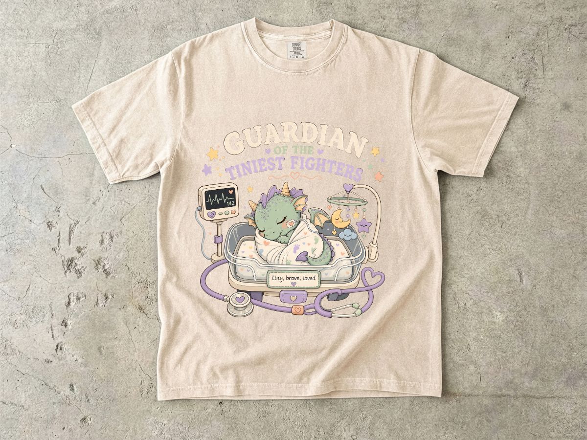 Guardian of the Tiniest Fighters T-Shirt — Cute Nurse Baby Dragon Pediatric Support Tee