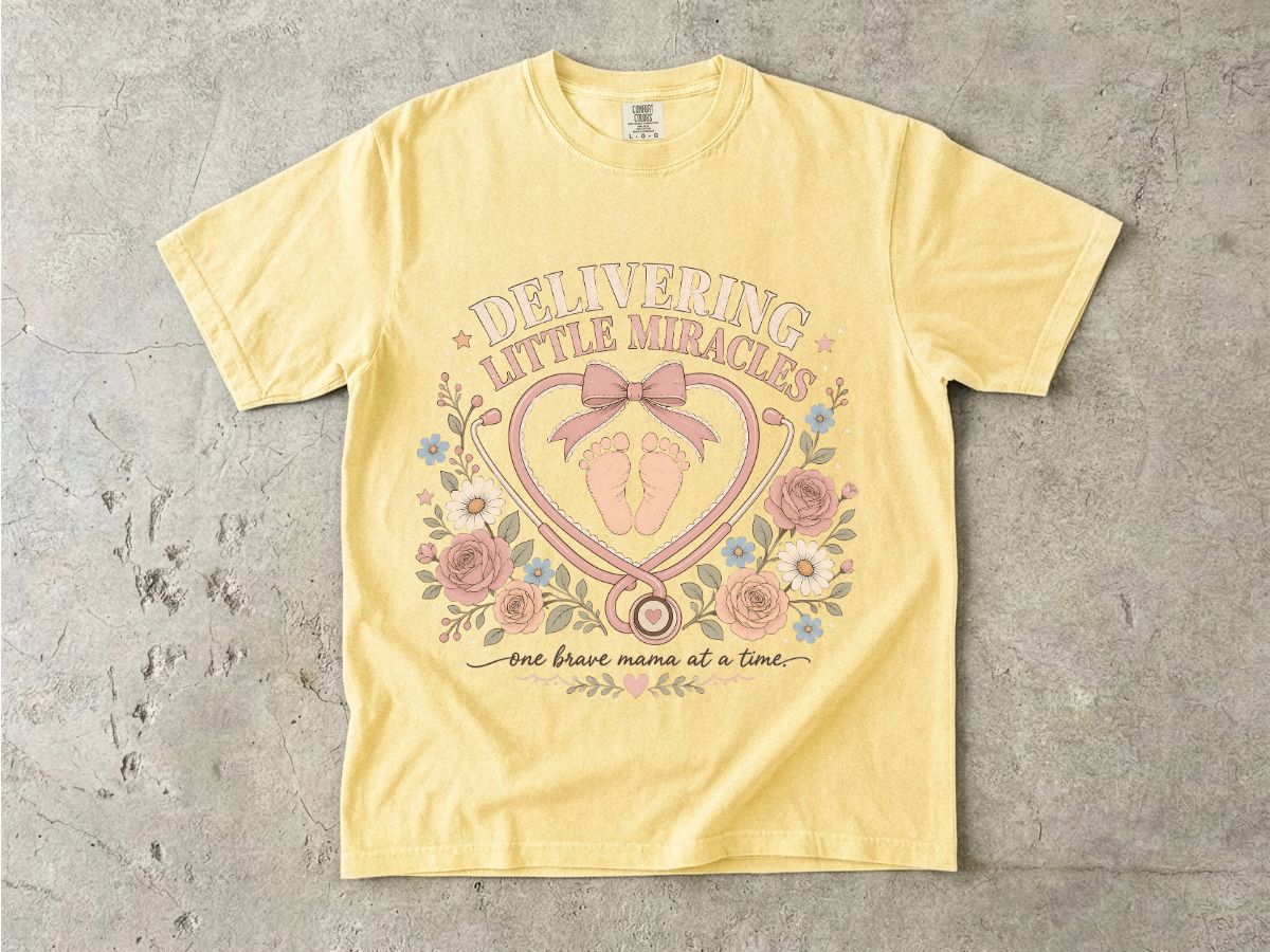 Delivering Little Miracles T-Shirt — Maternity Nurse & New Mom Baby Delivery Tee