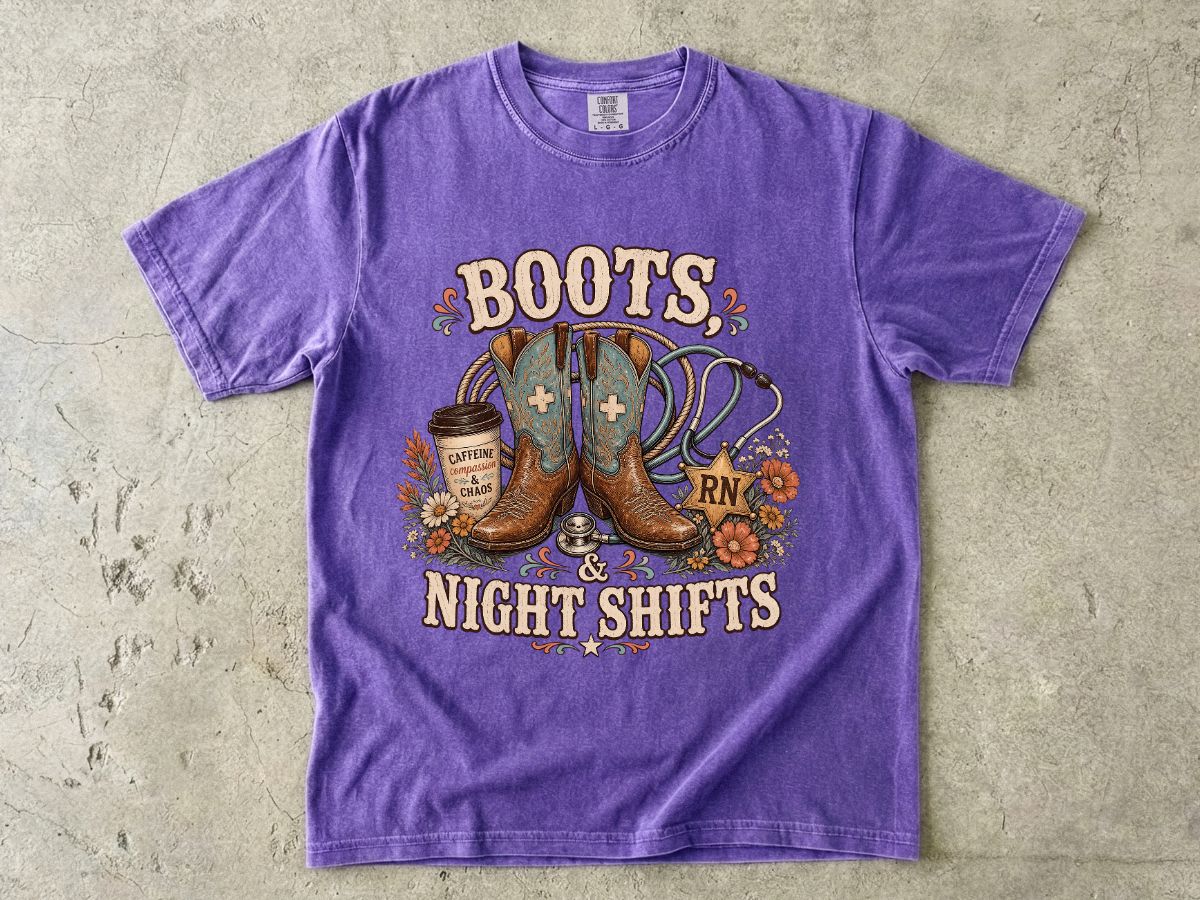 RN Night Shift T‑Shirt — Boots & Coffee Nurse Graphic Tee