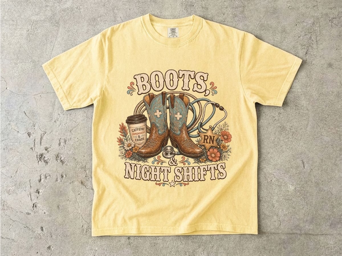 RN Night Shift T‑Shirt — Boots & Coffee Nurse Graphic Tee