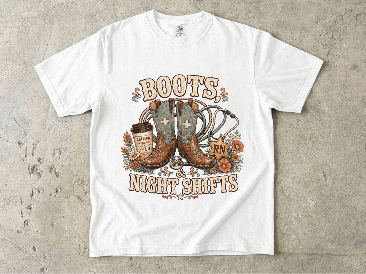 RN Night Shift T‑Shirt — Boots & Coffee Nurse Graphic Tee