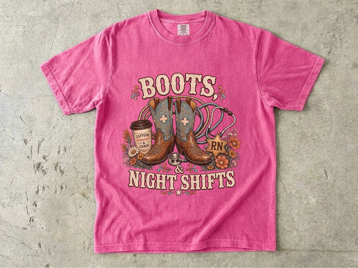 RN Night Shift T‑Shirt — Boots & Coffee Nurse Graphic Tee