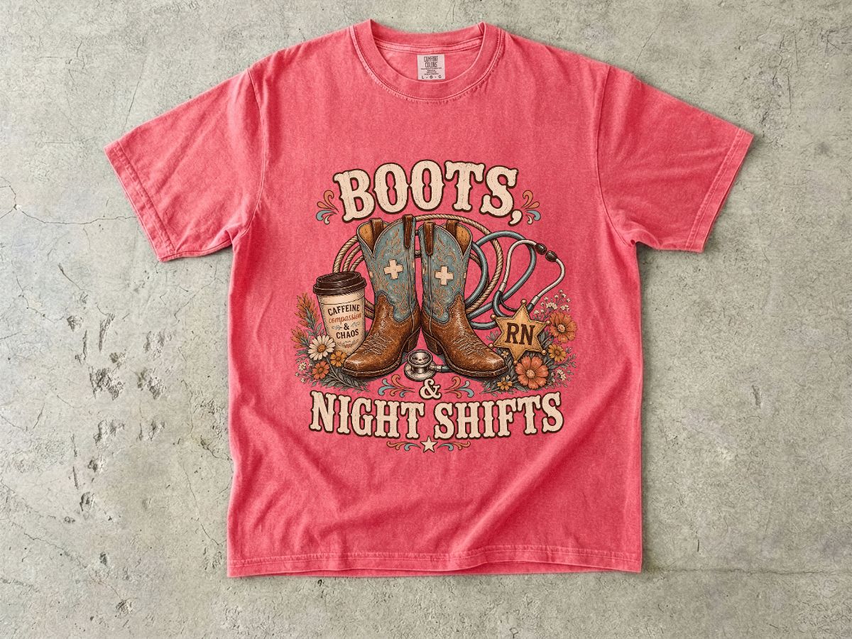 RN Night Shift T‑Shirt — Boots & Coffee Nurse Graphic Tee