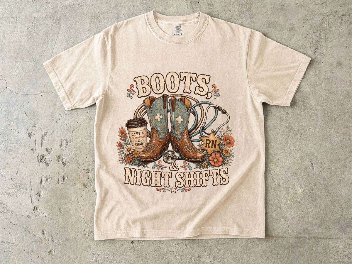 RN Night Shift T‑Shirt — Boots & Coffee Nurse Graphic Tee