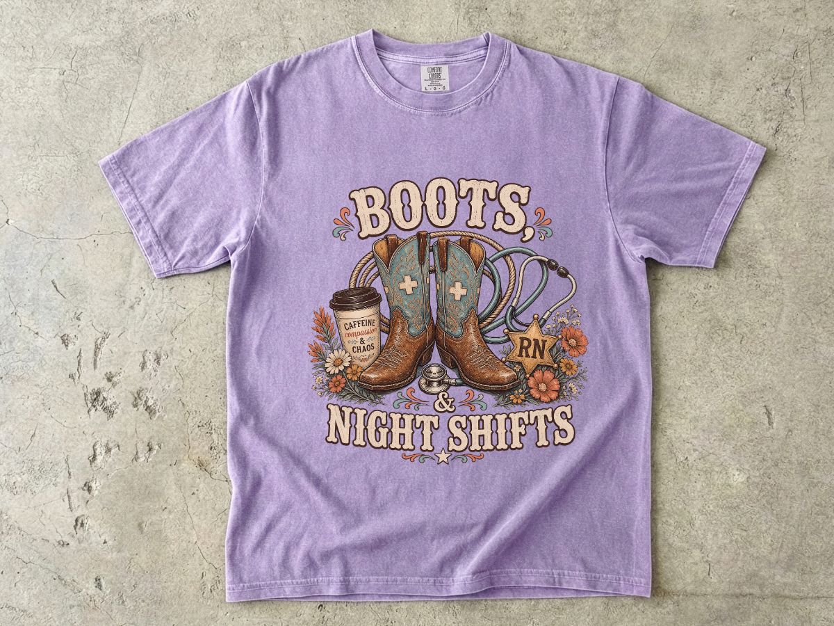 RN Night Shift T‑Shirt — Boots & Coffee Nurse Graphic Tee