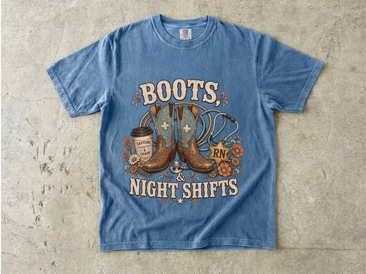 RN Night Shift T‑Shirt — Boots & Coffee Nurse Graphic Tee