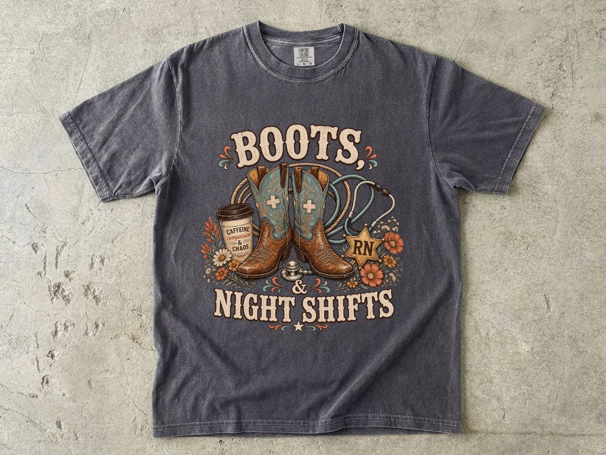 RN Night Shift T‑Shirt — Boots & Coffee Nurse Graphic Tee