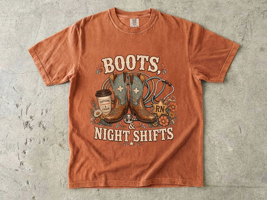 RN Night Shift T‑Shirt — Boots & Coffee Nurse Graphic Tee