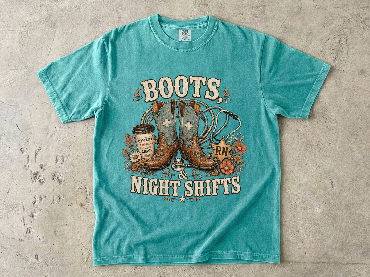 RN Night Shift T‑Shirt — Boots & Coffee Nurse Graphic Tee