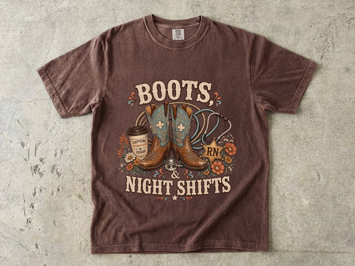 RN Night Shift T‑Shirt — Boots & Coffee Nurse Graphic Tee