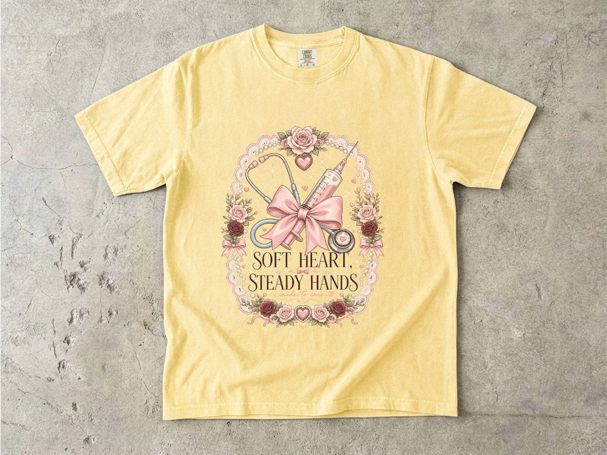 Nurse Gift T-Shirt — "Soft Heart, Steady Hands" Floral Medical Tee