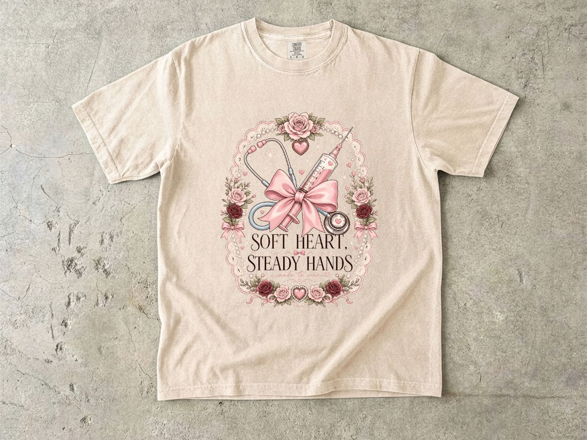 Nurse Gift T-Shirt — "Soft Heart, Steady Hands" Floral Medical Tee