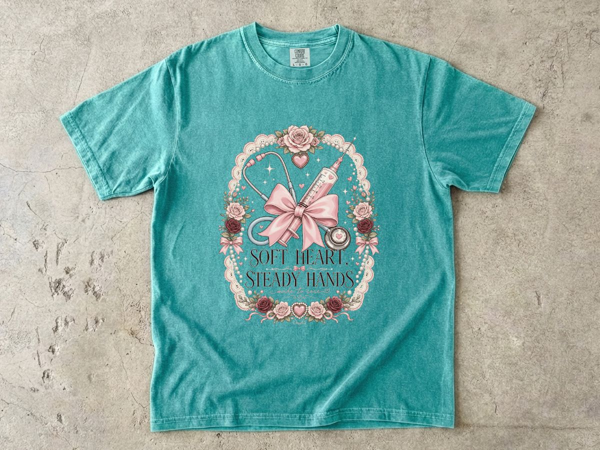 Nurse Gift T-Shirt — "Soft Heart, Steady Hands" Floral Medical Tee
