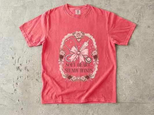 Nurse Gift T-Shirt — "Soft Heart, Steady Hands" Floral Medical Tee