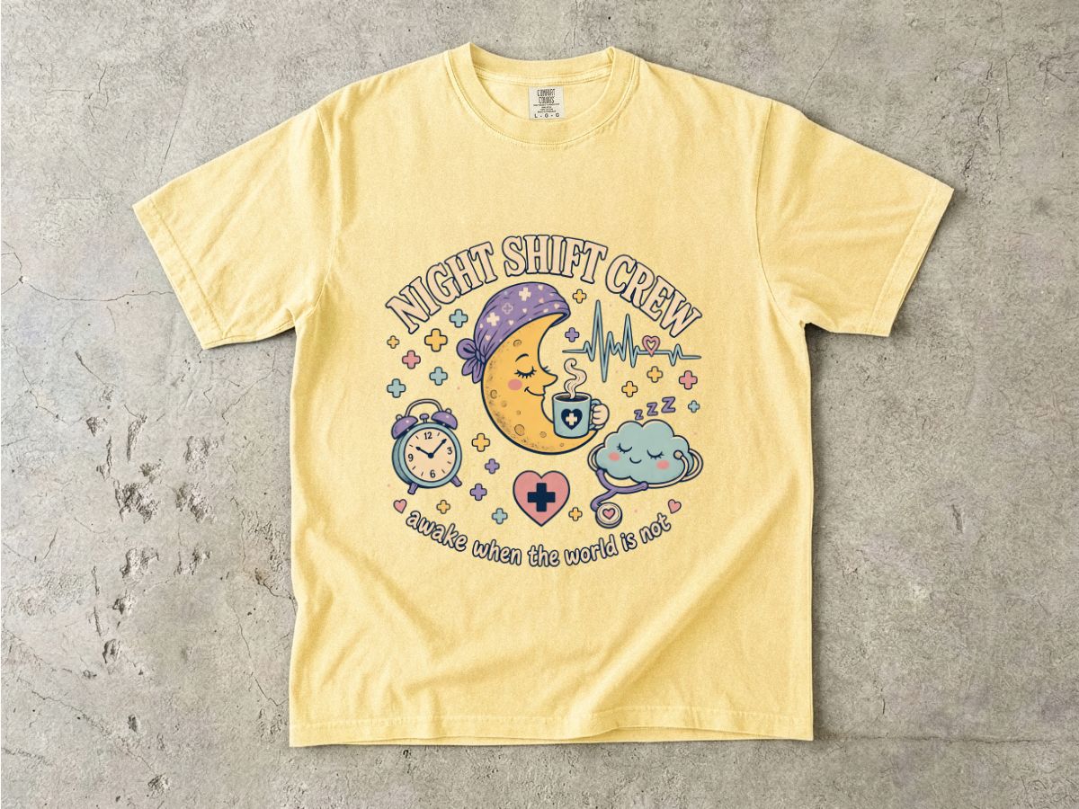 Night Shift Crew T-Shirt — Cute Moon & Clouds Design (Healthcare/Nurse Gifts)