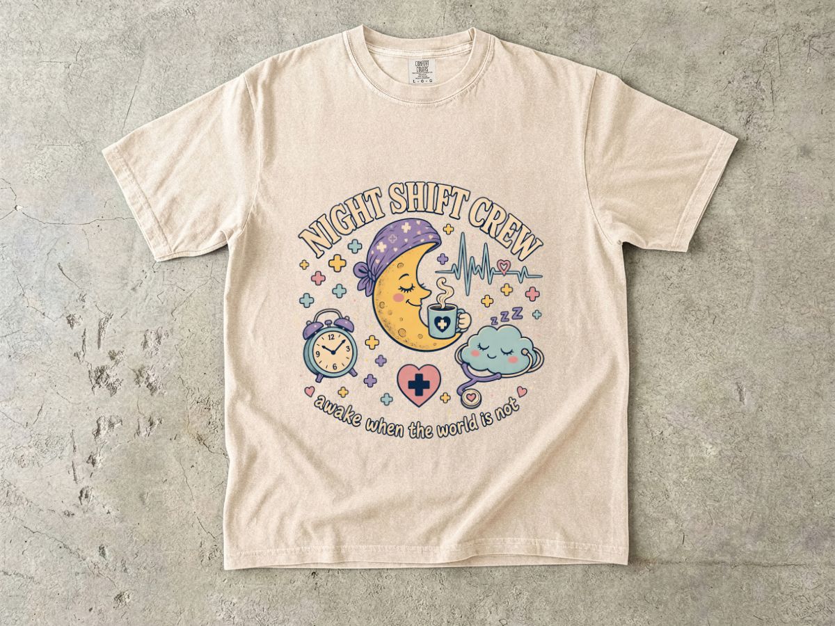 Night Shift Crew T-Shirt — Cute Moon & Clouds Design (Healthcare/Nurse Gifts)